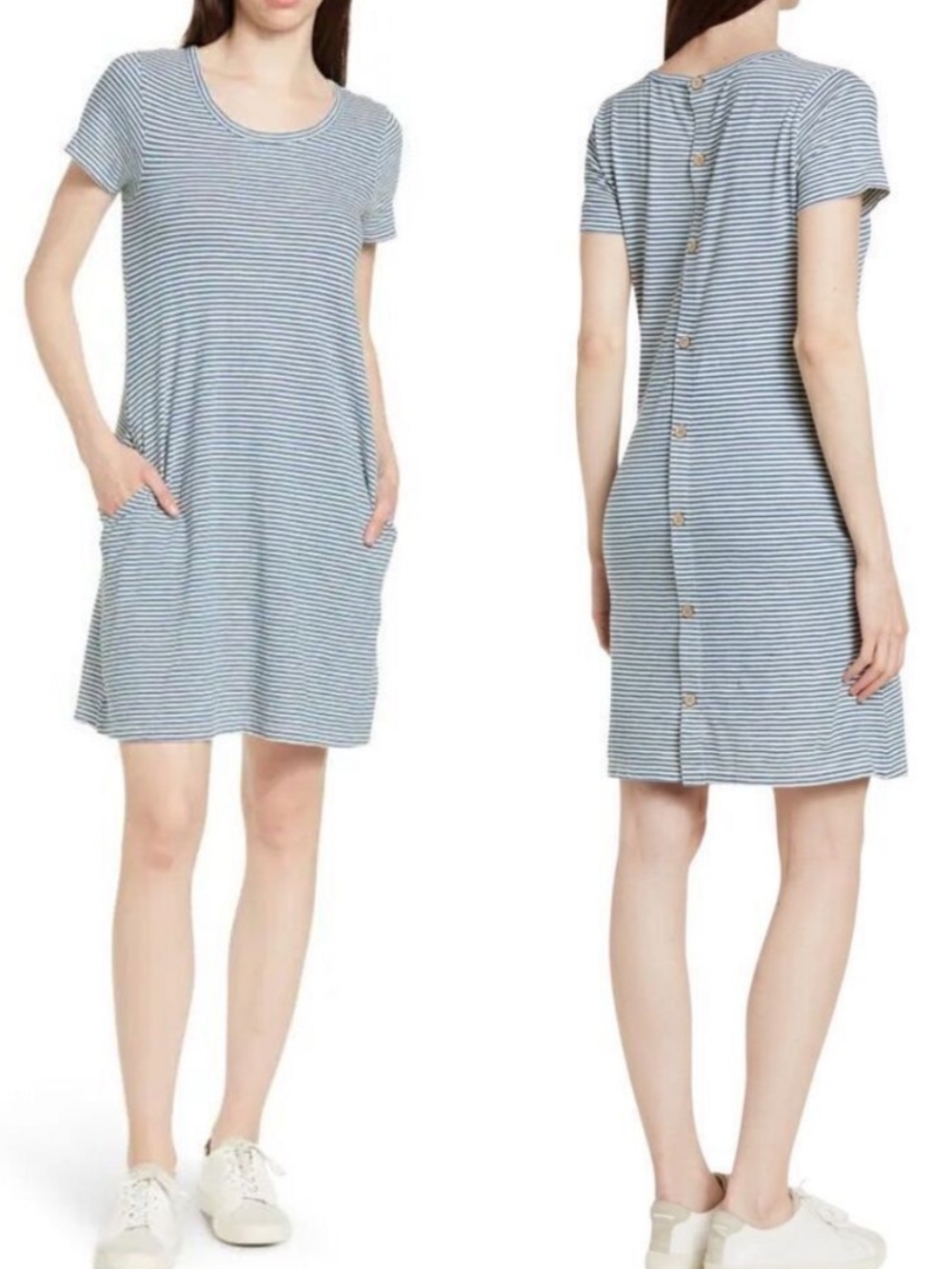 NWT Faherty Sanibel Cotton Button Back T-Shirt Dress sz Medium blue/white stripe